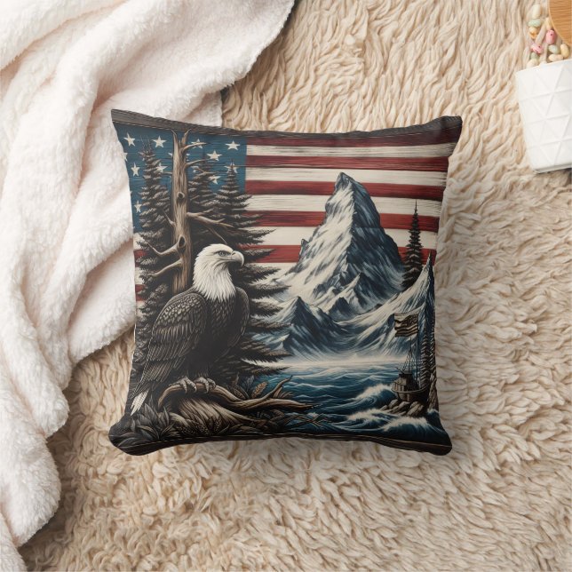 Eagle Over Scenic American Landscape Throw Pillow (Blanket)
