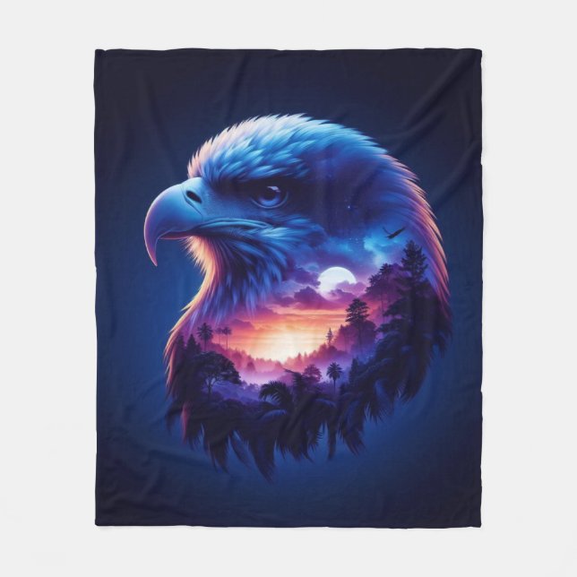 Eagle Overlayed with Mystical Sunset Landscape Fleece Blanket (Front)