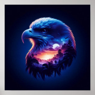 Eagle Overlayed with Mystical Sunset Landscape Poster