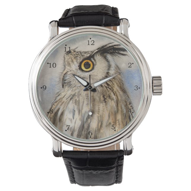 Eagle Owl Wildlife Watercolor Art Watch (Front)