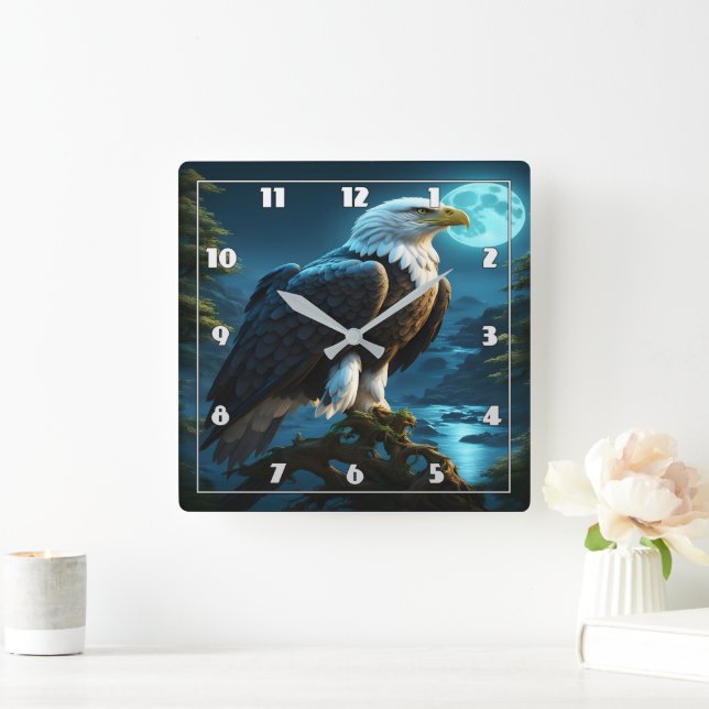 Eagle Perched at Night Under Full Moon Square Wall Clock (Home)