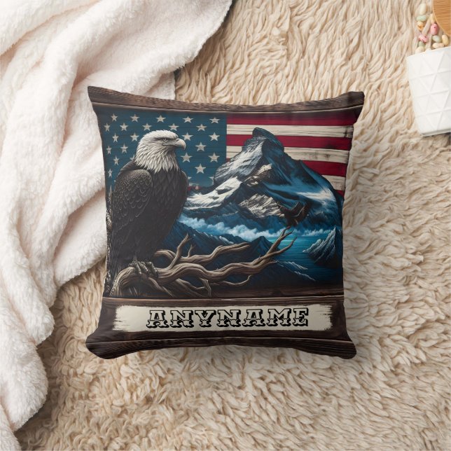 Eagle Perched Before Mountain and Flag Backdrop Throw Pillow (Blanket)