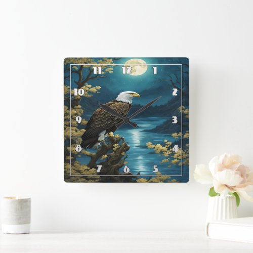 Eagle Perched Beneath Full Moon Over River Square Wall Clock