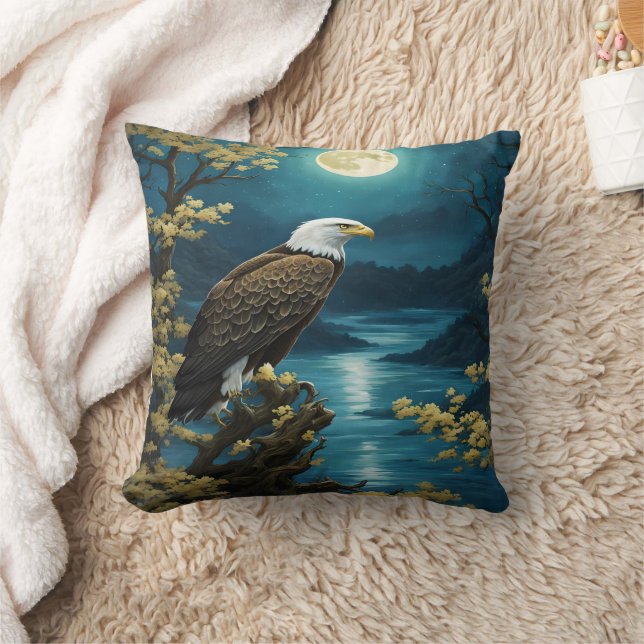 Eagle Perched Beneath Full Moon Over River Throw Pillow (Blanket)