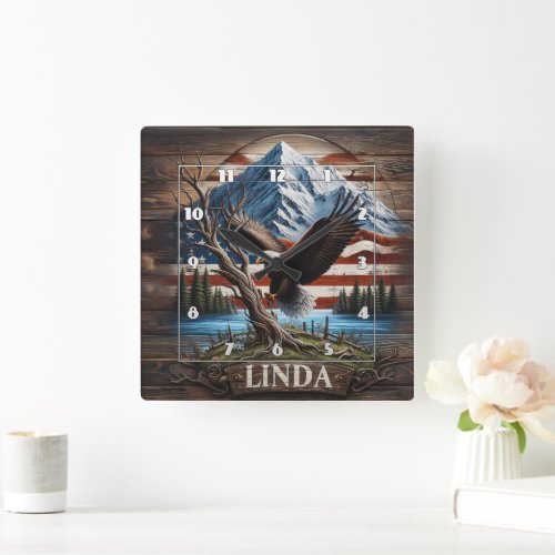 Eagle Perched by Lake Under Mountainous Sky Square Wall Clock