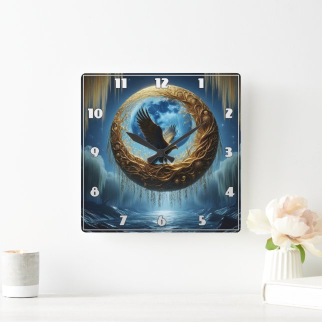 Eagle Perched in Celestial Landscape at Night Square Wall Clock (Home)