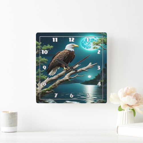 Eagle Perched on a Branch by Moonlit River Square Wall Clock