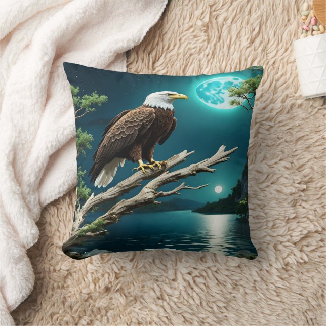 Eagle Perched on a Branch by Moonlit River Throw Pillow (Blanket)
