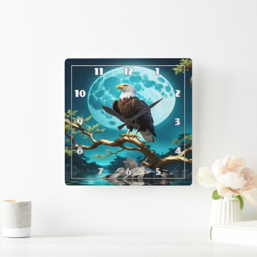 Eagle Perched on a Branch Under Full Moonlight Square Wall Clock