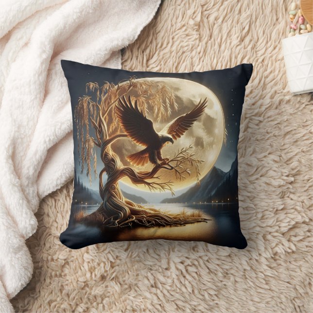 Eagle Perched on Branch Beneath Full Moon Throw Pillow (Blanket)