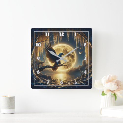 Eagle Perched on Branch by Full Moonlit Lake Square Wall Clock