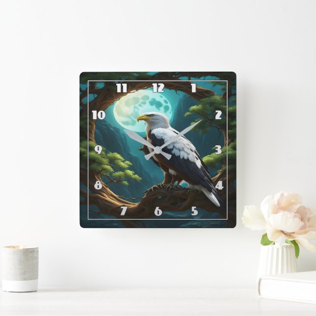 Eagle Perched on Branch Under Full Moon Night Square Wall Clock (Home)