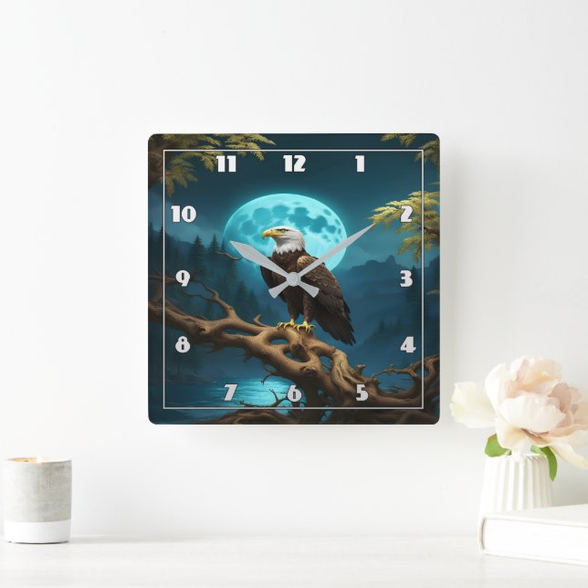Eagle Perched on Branch Under Full Moon Square Wall Clock (Home)