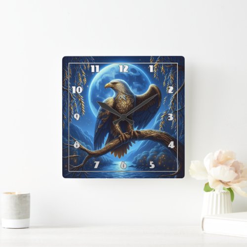 Eagle Perched on Branch Under Full Moon Square Wall Clock