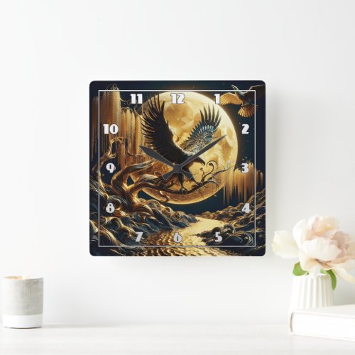 Eagle Perched on Branch Under Full Moon Square Wall Clock