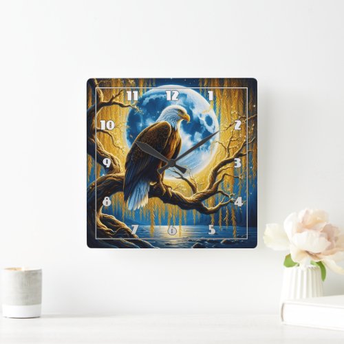 Eagle Perched on Branch Under Full Moonlight Square Wall Clock