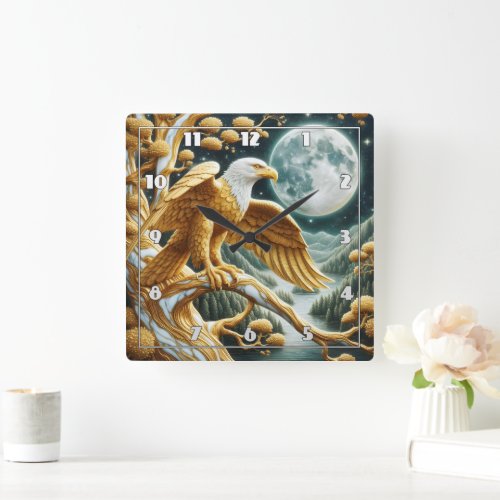 Eagle Perched on Branch Under Full Moonlight Square Wall Clock