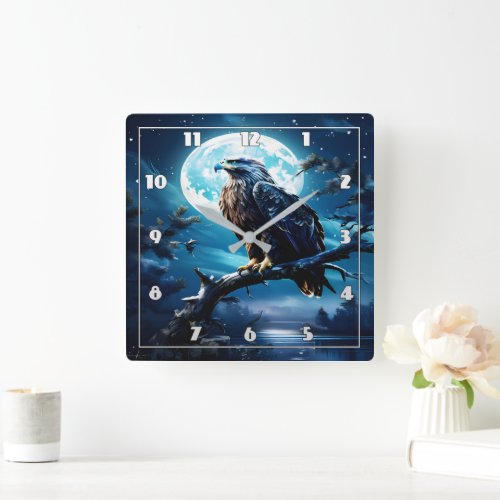 Eagle Perched on Branch Under Moonlight Square Wall Clock