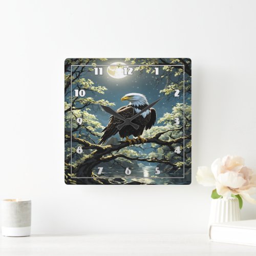 Eagle Perched on Branch Under Moonlit Sky Square Wall Clock