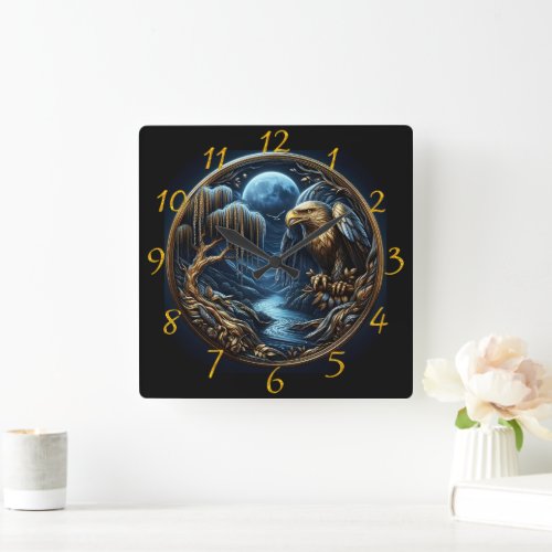 Eagle Perched on Branch Under Moonlit Sky Square Wall Clock