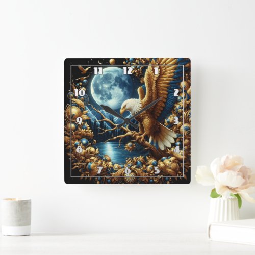 Eagle Perched on Branch Under Moonlit Sky Square Wall Clock