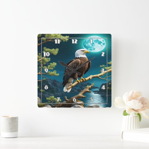 Eagle Perched on Branch Under Night Sky Square Wall Clock