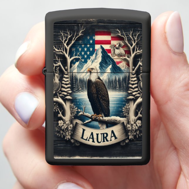 Eagle Perched on Branch With American Flag Zippo Lighter (In Hand)
