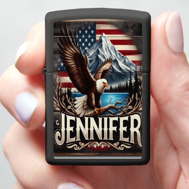Eagle Perched On Branch With American Flag Zippo Lighter (In Hand)
