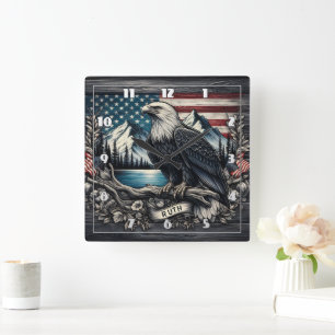 Eagle Perched on Branch With Mountain Backdrop Square Wall Clock