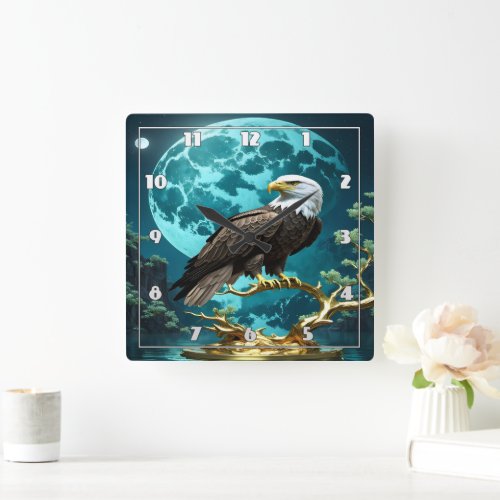 Eagle Perched on Golden Tree Branch at Night Square Wall Clock