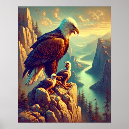 Eagle Perched on Rock With Its Babies 16x20 Poster