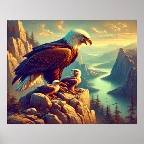 Eagle Perched on Rock With Its Babies 20x16 Poster