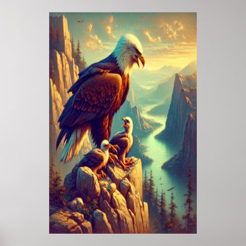 Eagle Perched on Rock With Its Babies Poster