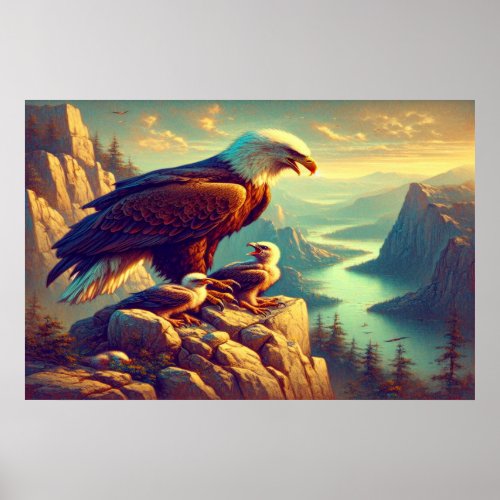 Eagle Perched on Rock With Its Babies Poster