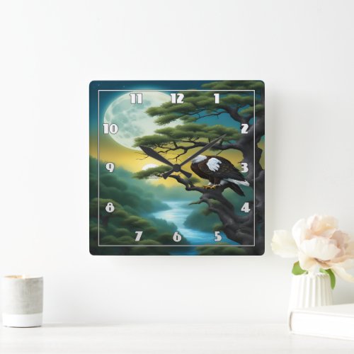 Eagle Perched on Tree Branch Under Full Moon Square Wall Clock