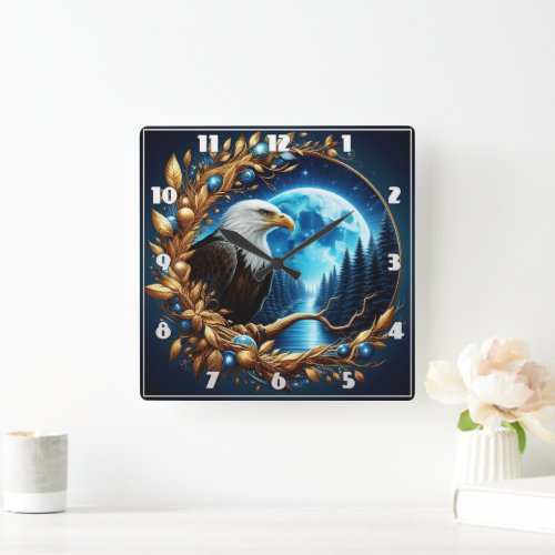 Eagle Perched on Tree Branch Under Moonlight Square Wall Clock