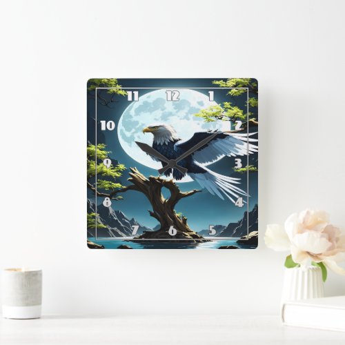 Eagle Perched on Tree Branch Under Moonlight Square Wall Clock