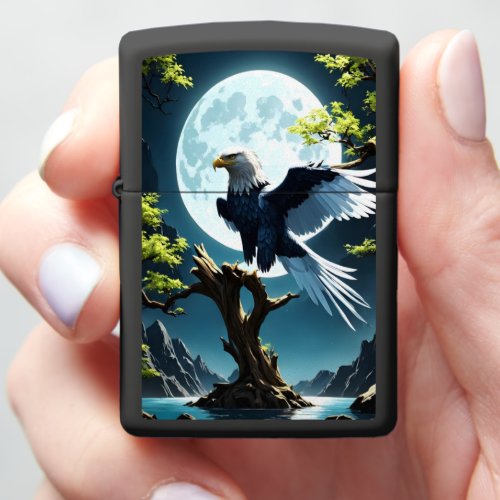 Eagle Perched on Tree Branch Under Moonlight Zippo Lighter