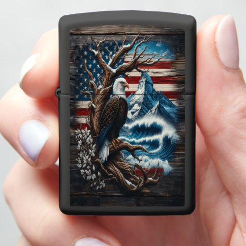 Eagle Perched on Tree Branch With American Flag Zippo Lighter