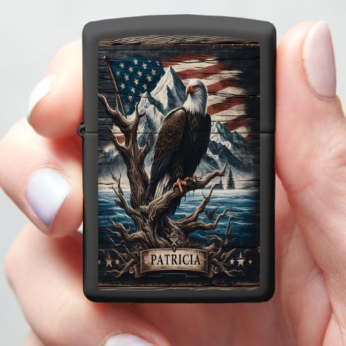 Eagle Perched On Tree Branch With American Flag Zippo Lighter