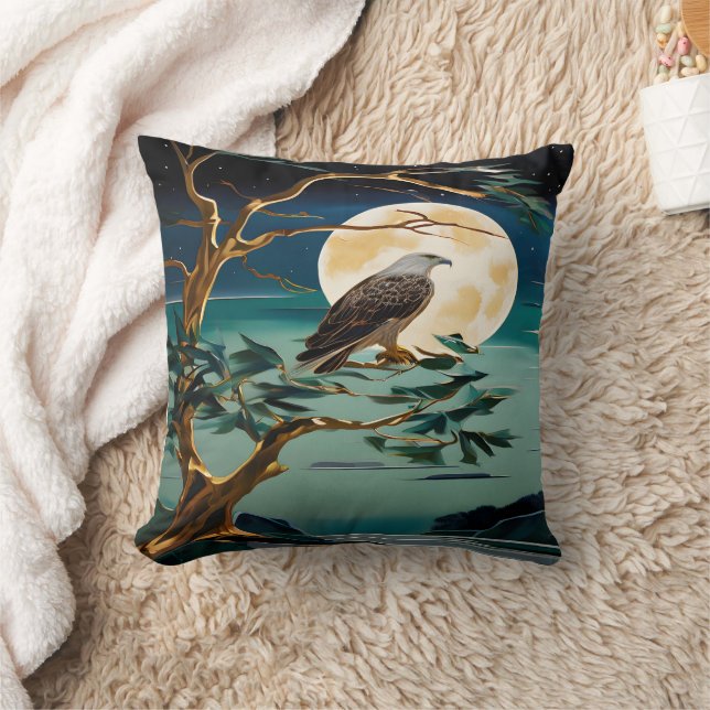 Eagle Perched on Tree Under Full Moon Night Throw Pillow (Blanket)