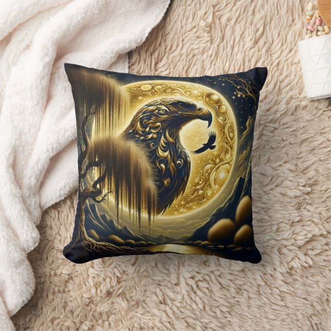 Eagle Perched Under Golden Moonlight Throw Pillow (Blanket)