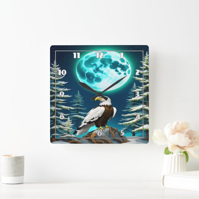 Eagle Perched Under Moonlit Winter Sky Square Wall Clock (Home)