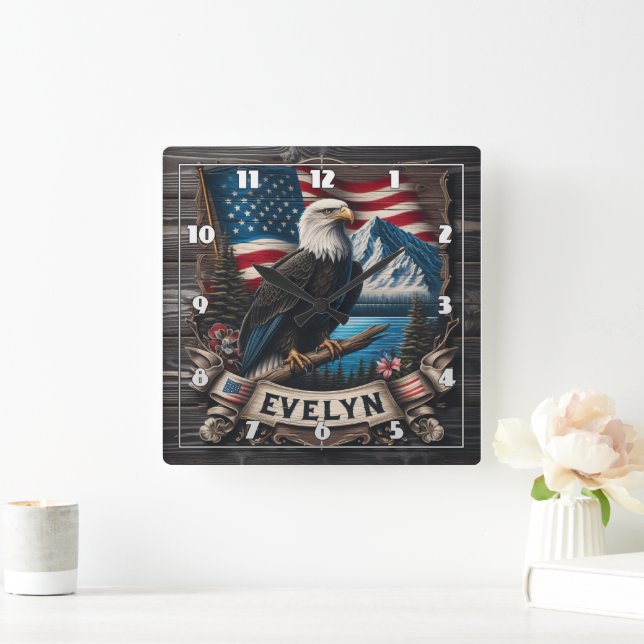 Eagle Perched With American Flag and Mountains Square Wall Clock (Home)