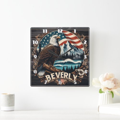 Eagle Perched With Mountains and Flag Background Square Wall Clock