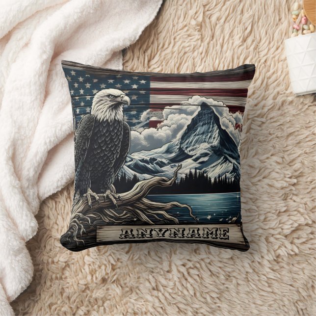 Eagle Perched With Mountains and Flag Background Throw Pillow (Blanket)