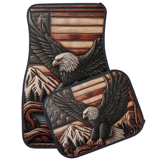 Eagle Relief Carving With American Flag Background Car Floor Mat (Set)