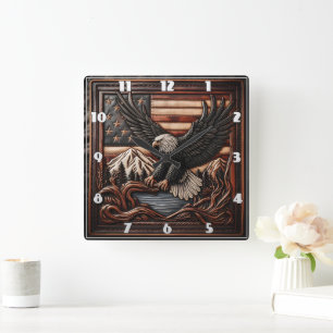 Eagle Relief Carving With American Flag Background Square Wall Clock