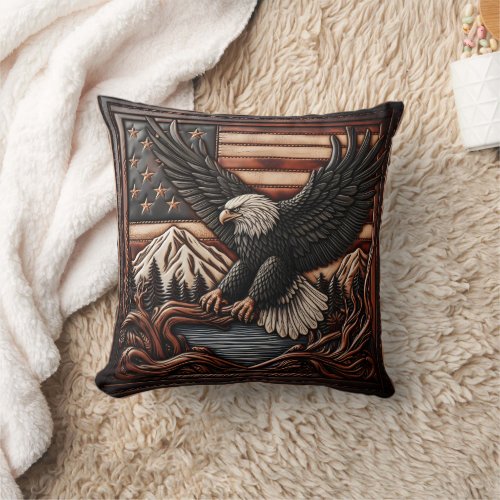 Eagle Relief Carving With American Flag Background Throw Pillow