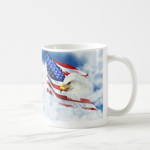 Eagle Scouting the Sky as American Flag Waves Coffee Mug